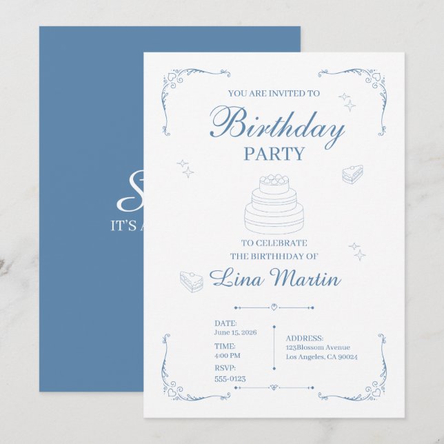 Convite de Aniversário Azul Elegante (Frente/Verso)