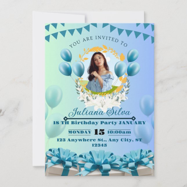 Convite de aniversário azul Elegante - Personalizá (Frente)