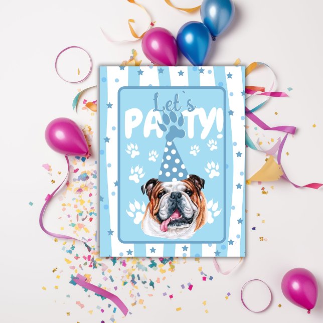Convite de aniversário azul ilustração bulldog Let (Criador carregado)