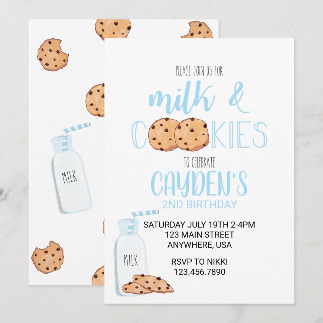 Convite de Aniversário Azul Leite e Biscoitos para (Frente/Verso)