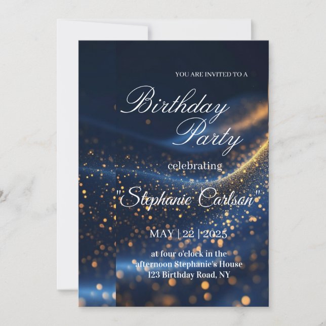 Convite de Aniversário Azul Marinho e Dourado Eleg (Frente)