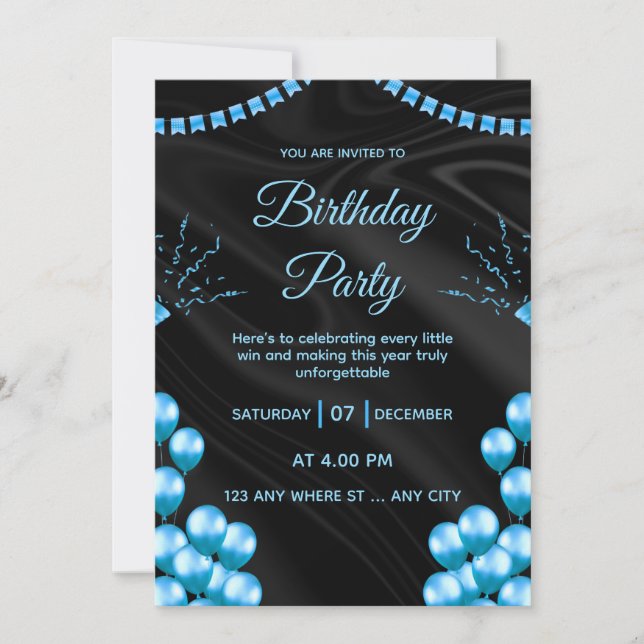 Convite de Aniversário Azul Preto Elegante (Frente)