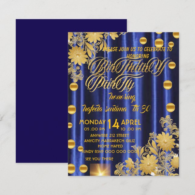 Convite de Aniversário Azul Royal Dourado, Mulher  (Frente/Verso)