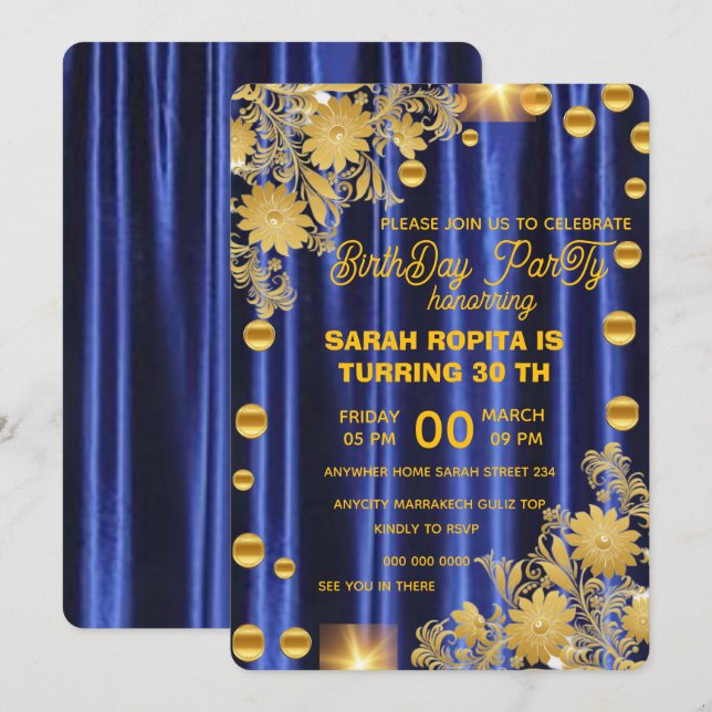 Convite de Aniversário Azul Royal Dourado, Mulher  (Frente/Verso)
