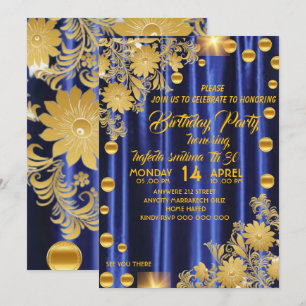 Convite de Aniversário Azul Royal Dourado, Mulher 