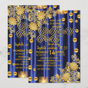 Convite de Aniversário Azul Royal Dourado, Mulher 