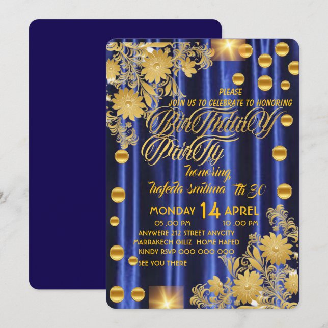 Convite de Aniversário Azul Royal Dourado, Mulher  (Frente/Verso)