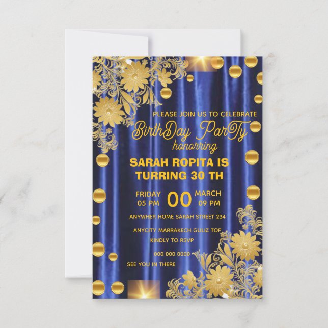 Convite de Aniversário Azul Royal Dourado, Mulher  (Frente)