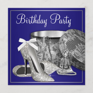 Convite de Aniversário Azul Royal Prateado para Mu