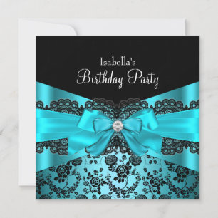 Convite de Aniversário Azul Teal com Renda Preta e