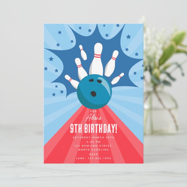 Convite de Aniversário Azul Vermelho Divertido par (Em pé/Frente)