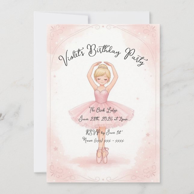Convite de Aniversário Bailarina Rosa (Frente)