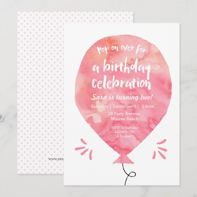 Convite de Aniversário | Balão de Aquarela Rosa (Frente/Verso)