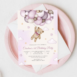 Convite de Aniversário Balão de Urso de Pelúcia