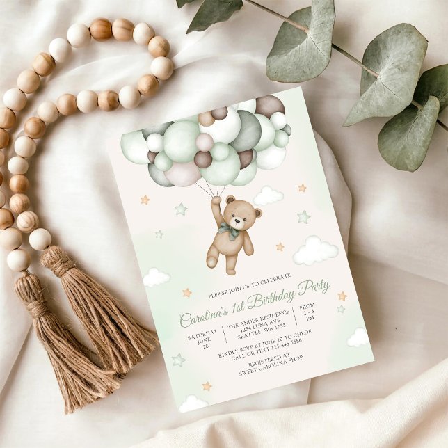 Convite de Aniversário Balão de Urso de Pelúcia (Criador carregado)