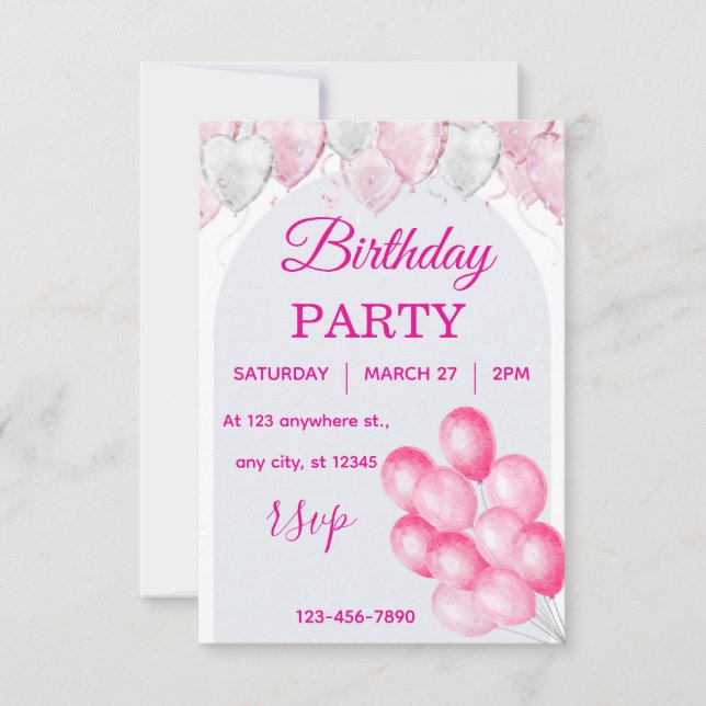 Convite de Aniversário Balão Rosa Aquarela (Frente)