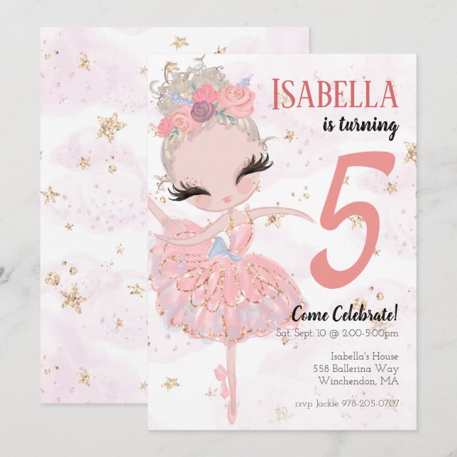 Convite de aniversário Ballerina (Frente/Verso)