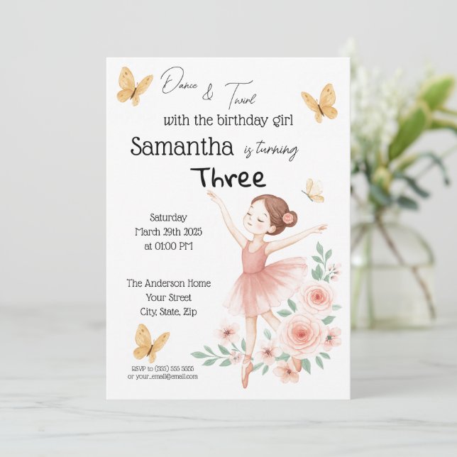 Convite de aniversário Ballerina - Festa de Balé R (Em pé/Frente)