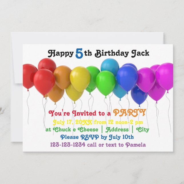 Convite de Aniversário Balões Arco-íris (Frente)