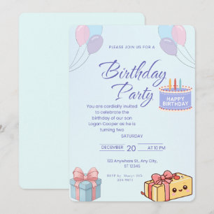 Convite de Aniversário Balões e Presentes Azuis -