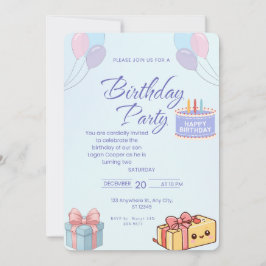 Convite de Aniversário Balões e Presentes Azuis -