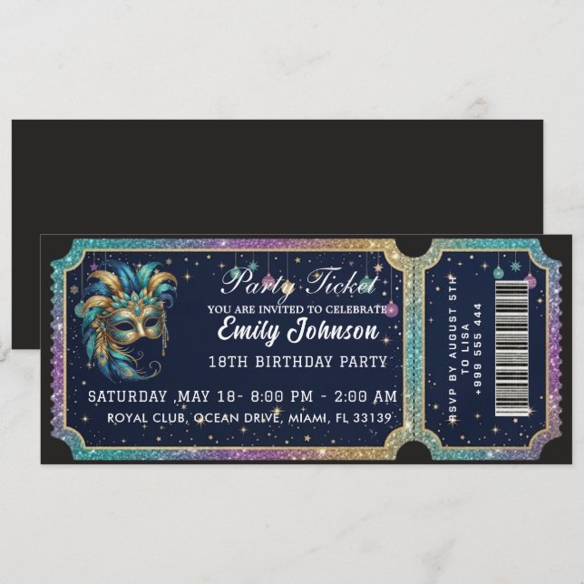 Convite de Aniversário Bilhete de Festa Dourado (Frente/Verso)