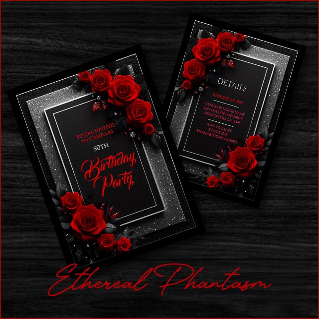 Convite de Aniversário Black Glam com Rosas Vermel (red black silver roses glitter birthday party wedding bridal elegant floral dark moody invitation.)