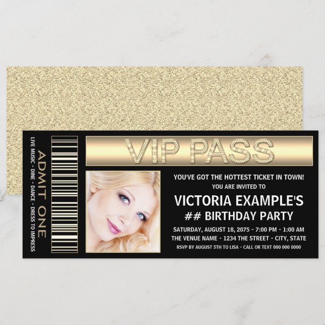 Convite de Aniversário Black Gold Ticket (Frente/Verso)