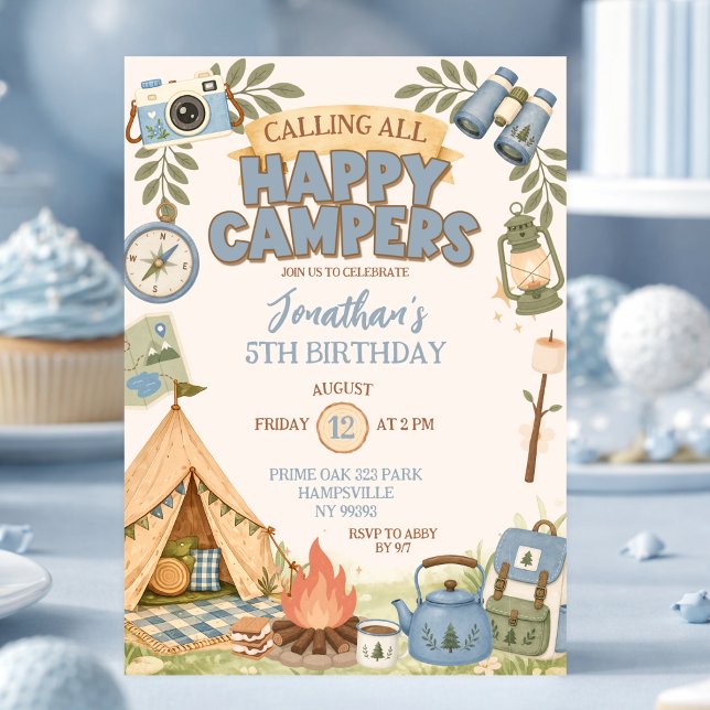 Convite de Aniversário Blue Happy Campers (Criador carregado)