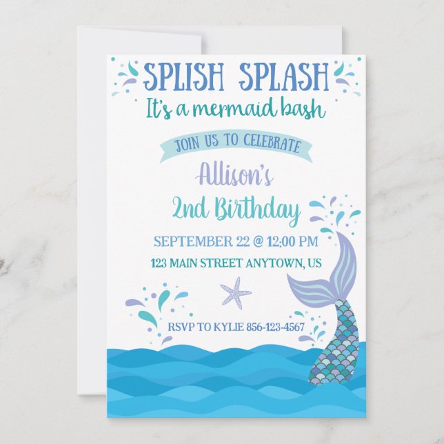 Convite de Aniversário Blue Mermaid Splash Bash (Frente)