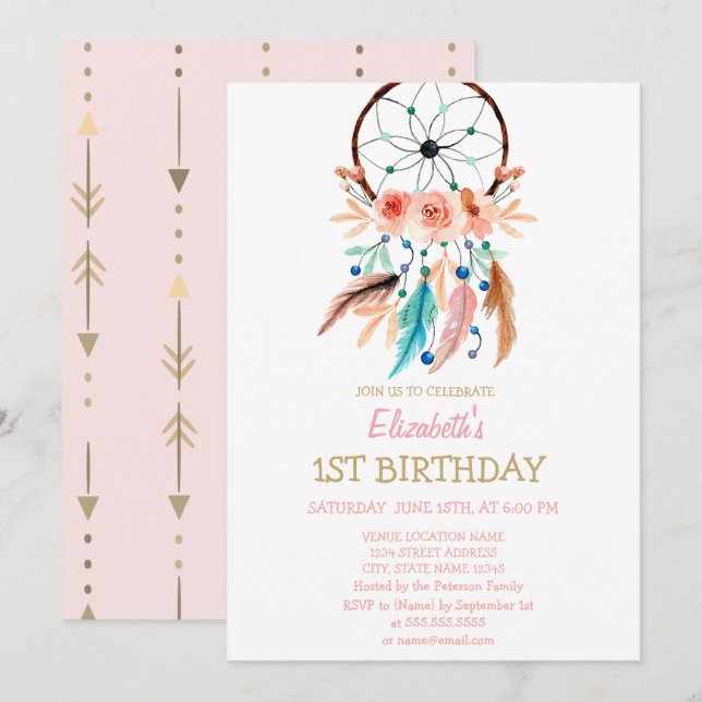 Convite de Aniversário Boho Dream Catcher (Frente/Verso)