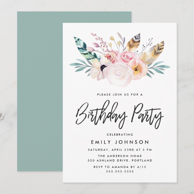 Convite de Aniversário | Boho Floral (Frente/Verso)
