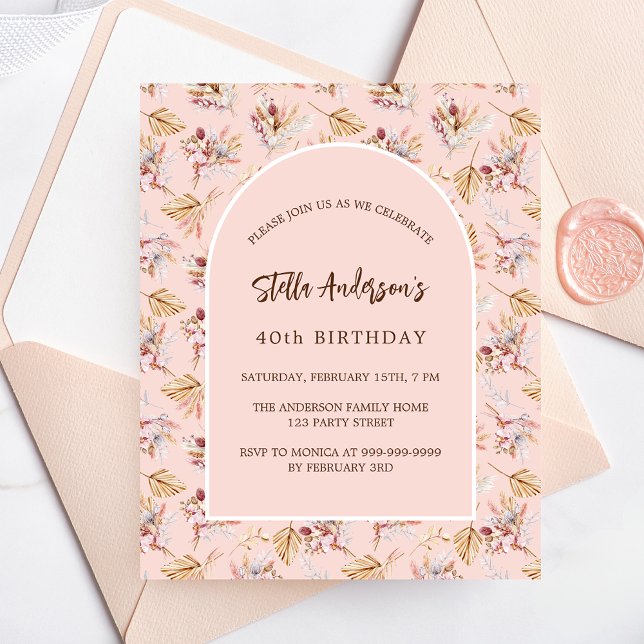 Convite de aniversário boho orçamento floral rosa  (Criador carregado)
