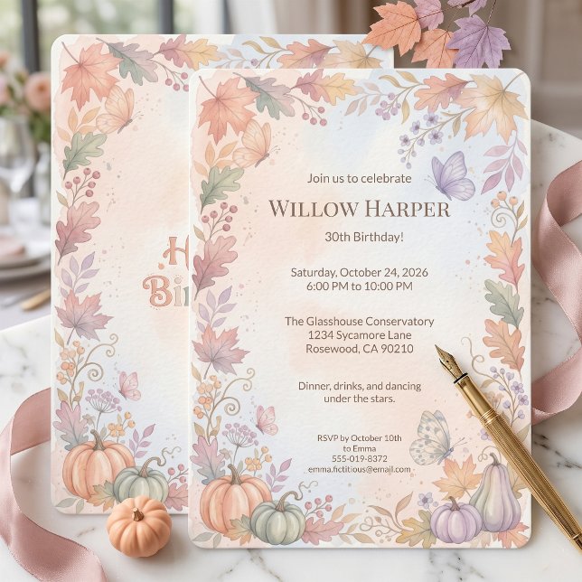 Convite de Aniversário Boho Outono (Custom watercolor detailed pumpkin and leaf invitations for your special day.)