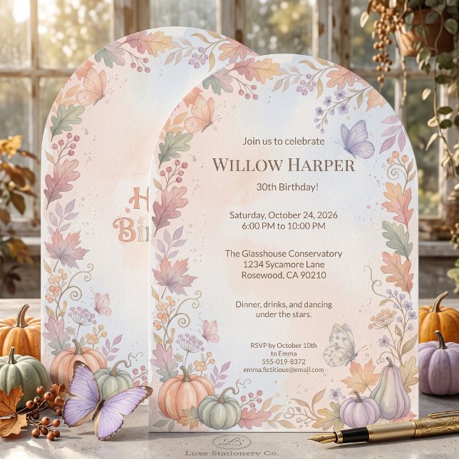 Convite de Aniversário Boho Outono Arqueado (A sophisticated watercolor pumpkin and foliage design for an unforgettable milestone event.)