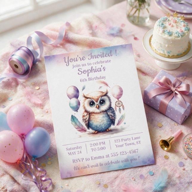 Convite de Aniversário Boho Owl — Crianças da Flor (Boho Owl Birthday Invitation — Cute Woodland Kids Party Invite)