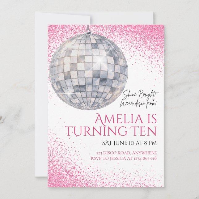 Convite de Aniversário Bola de Discoteca Rosa (Frente)