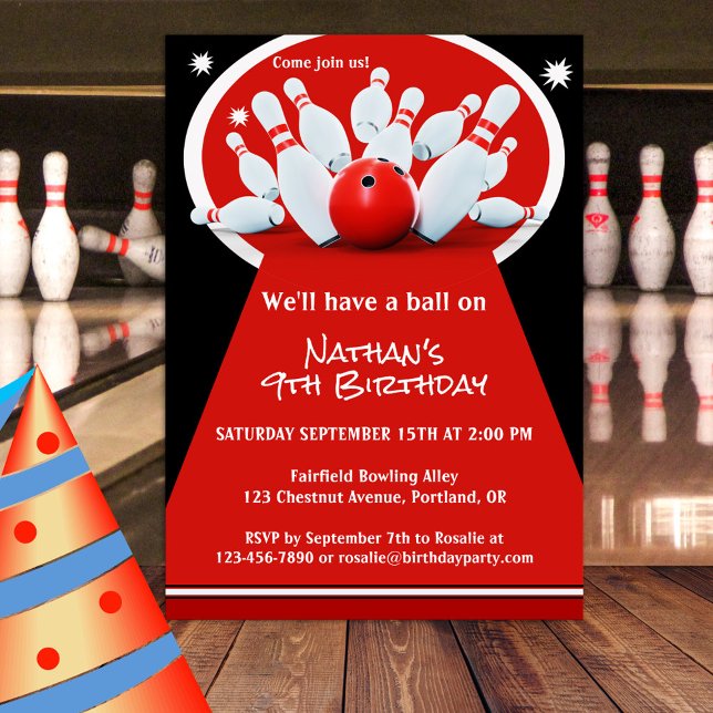 Convite de aniversário boliche (A birthday party invitation featuring a bowling scene in a minimalist sportive red, black and white )