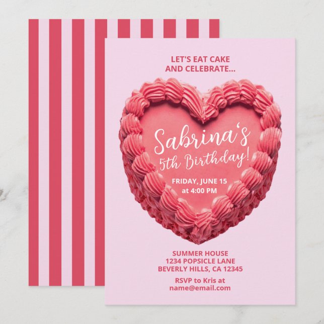 Convite de Aniversário Bolo de Coração (rosa/verme (Frente/Verso)