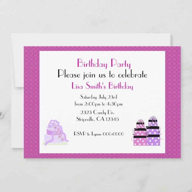 Convite de Aniversário Bolo Roxo e Presentes (Frente)