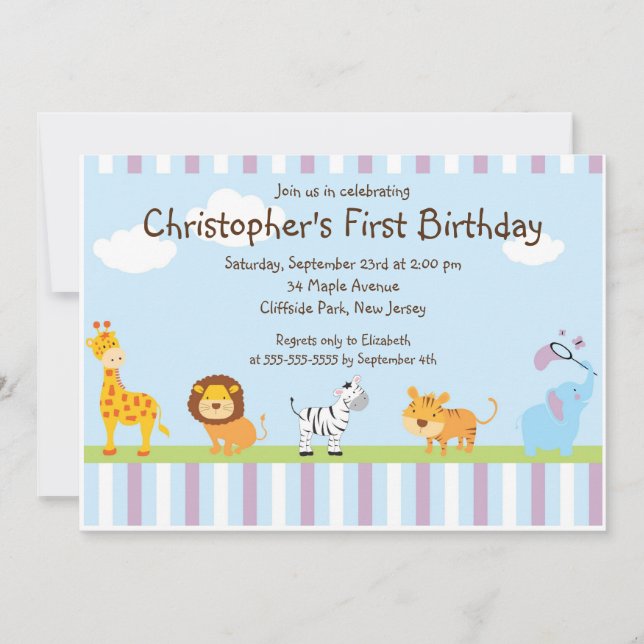 Convite de aniversário bonito dos animais do bebê (Frente)
