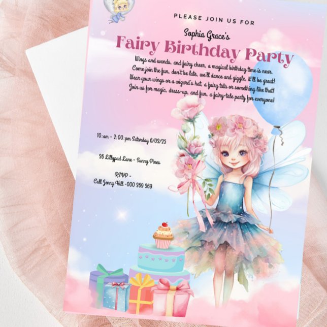 Convite de aniversário bonito Pastel (Gorgeous Pink & Blue Fairy Birthday Party Invitation - Fully Customizable)