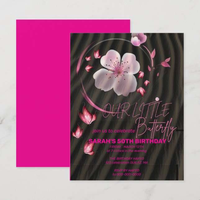 Convite de Aniversário Borboleta Rosa, Menina Borb (Frente/Verso)
