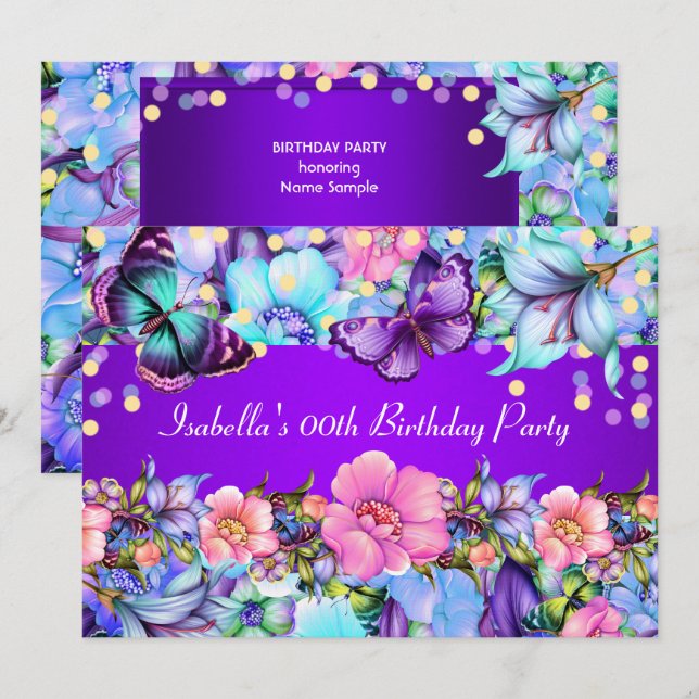 Convite de Aniversário Borboleta Rosa Roxo Azul Tu (Frente/Verso)