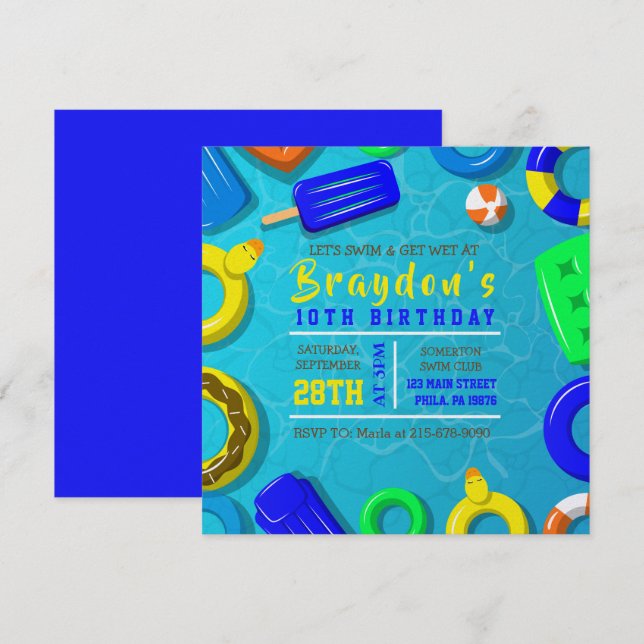 Convite de Aniversário BOYS POOL SWIM FLOATS (Frente/Verso)