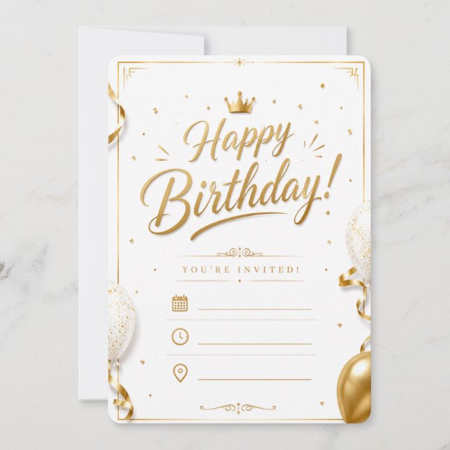 Convite de Aniversário Branco & Dourado Elegante | (Frente)