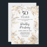 Convite de aniversário branco Dourado Floral 50º<br><div class="desc">Rosas de arte elegantes de linha dourada e saem ao redor de seus 50º detalhes de festa de aniversário.</div>
