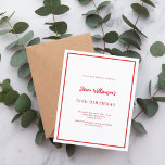 Convite de aniversário branco vermelho<br><div class="desc">Um moderno,  elegante e convite. Um fundo branco decorado com uma armação vermelha. Personalize e adicione um nome e detalhes. Texto vermelho. 1 folha = 1 convite impresso de borda a borda.</div>