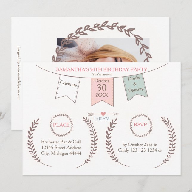 Convite de Aniversário - Bunting Elegante (Frente/Verso)