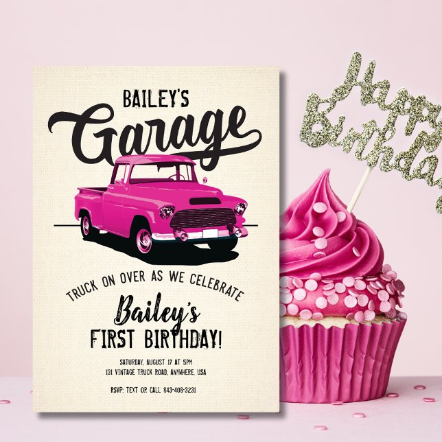 Convite de Aniversário Caminhão Vintage Rosa Fofo (Cute Pink Vintage Truck Birthday Invitation)